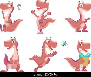 Dinosaurier. Cartoon lustiger Fantasy-Drache in verschiedenen Posen exakter Vektor niedlicher Monster Dinosaurier Stock Vektor