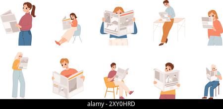 Zeitungsfiguren lesen. Männer Frauen lesen regelmäßig Zeitungen mit anderen Nachrichten. Überraschte Leute, Printmedien und Polygrafie, kuschelige Vektorset Stock Vektor