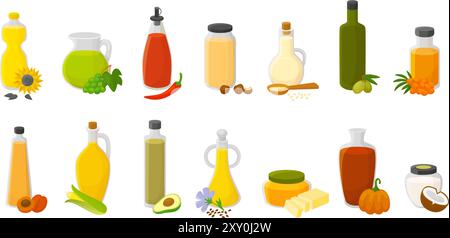 Verschiedene Öle. Rohöl für Lebensmittel in Glasflaschen und Krügen. Sonnenblumenkerne, extra natives Olivenöl, Mais und Sojabohnen. Kokosöl für die Kosmetik Stock Vektor