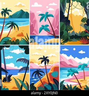 Tropische Landschaften Vektor-Set-Illustrationen Stock Vektor