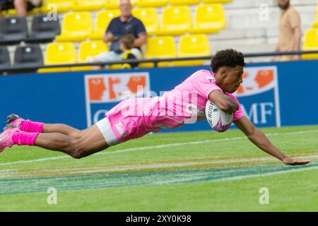 La Rochelle, Frankreich. August 2024. Paris Sevens gegen Perpignan Sevens während des in extenso Super Sevens Rugby am 24. August 2024 in La Rochelle, Frankreich - Foto Damien Kilani/DK Prod/DPPI Credit: DPPI Media/Alamy Live News Stockfoto