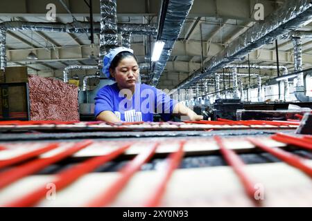 SUQIAN, CHINA - 27. AUGUST 2024 - Ein Arbeiter produziert Bleistifte in der Produktionswerkstatt von Chinas erster Bleistiftfirma in Suqian, Jiangsu p Stockfoto