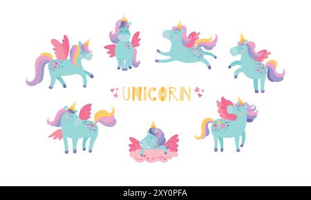 Vector Unicorn Set. Fantasy-Tierkollektion mit gelbem Horn und rosa Mähne. Märchenhafte Pferdefigur sitzend, laufend, schlafend. Zauberkrea für Zeichentrickfilme Stock Vektor