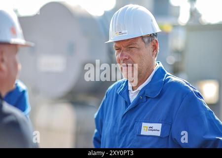 27. August 2024, Sachsen-Anhalt, Bad Lauchstädt: Bundeswirtschaftsminister Robert Habeck (M, die Grünen) besucht den VNG-Gasspeicher neben dem Energiepark Bad Lauchstädt. Habeck übergab einen Zuschuss in Höhe von rund 61 Millionen Euro auf dem Gelände mit bestehenden Erdgasspeichern. Das Geld wird verwendet, um eine Höhle einer VNG-Tochtergesellschaft in eine Wasserstoffhöhle umzuwandeln. Das Innovationsprojekt Energiepark Bad Lauchstädt testet die Produktion von grünem Wasserstoff aus Windkraft sowie dessen Speicherung, Transport, Vermarktung und Nutzung im industriellen Maßstab in Mitteldeutschland. Stockfoto