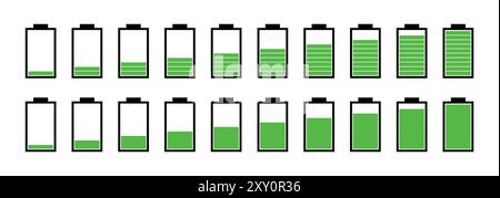 Symbol für den Ladevorgang des Akkus in grüner Farbe. Batteriesymbol gesetzt. Ladezustand der Batterie. Das Symbol zum Aufladen des Akkus ist modern eingerichtet. Ladeanzeige Stock Vektor