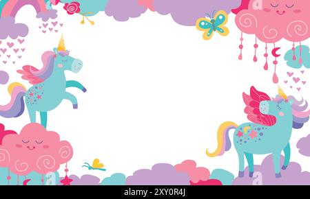 Niedliches Kindereinhörnchen magisches Rahmendesign für Notizen, Haftnotizen, Planer, Notizblock-Hintergrundvorlage. Für Kinder-Event-Einladung, Rabatt vou Stock Vektor