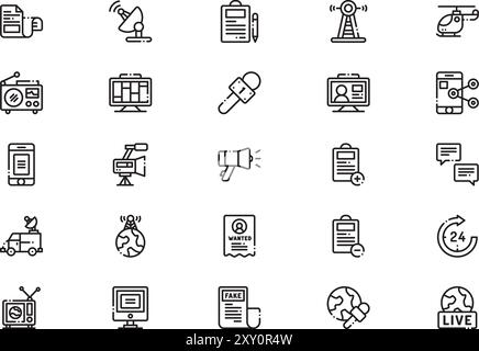 Die Sammlung der News Icon Pack ist eine Vektorillustration mit bearbeitbarem Kontur. Stock Vektor