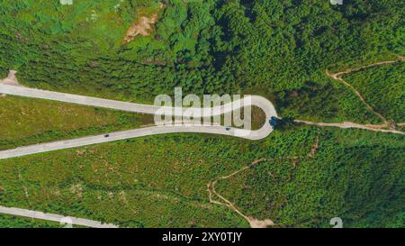 Luftaufnahme fängt die grüne Landschaft der Azoren mit kurvenreichen Straßen durch üppiges Grün ein und zeigt die ruhige und unberührte Schönheit von t Stockfoto