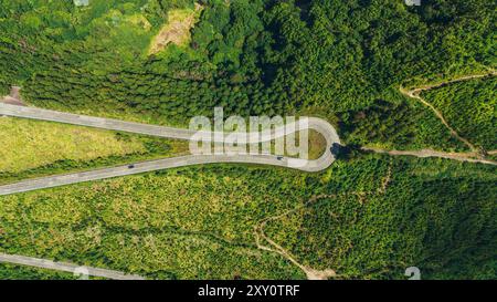 Dieses eindrucksvolle Luftbild zeigt eine sich schlängelnde Straße, die durch die lebendige, grüne Landschaft der Azoren führt, die üppig grünen Wälder und die unverwechselbaren Stockfoto