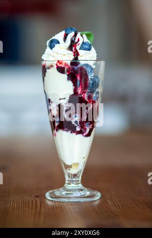 Eleganter Eisbecher mit Vanilleeis, reichhaltiger Beerensauce, frischen Heidelbeeren und einem Klecks Schlagsahne, serviert in einem hohen Glas. Stockfoto