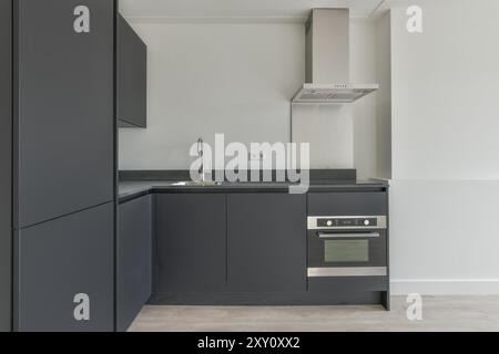 Eine elegante, moderne Kücheneinrichtung mit dunklen Schränken, Geräten aus Edelstahl und neutralen Arbeitsflächen. Stockfoto