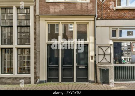 Traditionelle holländische Gebäudefassaden mit großen Fenstern und charakteristischen Türen in einer malerischen Straße. Stockfoto
