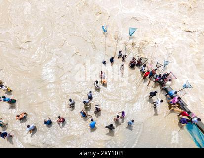 Feni, Chittagong, Bangladesch. August 2024. 27. August 2024, Feni, Chittagong, Bangladesch: Fischer und gewöhnliche Menschen fischen mit handgefertigten Netzen am Ufer des Feni River, wobei sie den starken Fluss von Hochwasser entlang des Muhuri-Projekts in Sonagazi Upazila, Bezirk Feni, Division Chittagong, Bangladesch ignorieren. (Kreditbild: © Muhammad Amdad Hossain/ZUMA Press Wire) NUR REDAKTIONELLE VERWENDUNG! Nicht für kommerzielle ZWECKE! Stockfoto