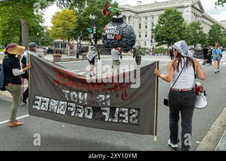 Washington DC, USA - 19.08.2024: Eine Gruppe von Demonstranten hält ein Banner mit der Aufschrift „Völkermord ist keine Selbstverteidigung“ Stockfoto