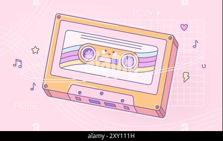 Retro-Kawaii-Kassette für tragbaren Musik-Player mit niedlichem Gesicht. Stock Vektor