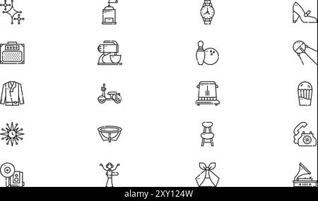 Die Sammlung der Symbole der 50er Jahre ist eine Vektorillustration mit bearbeitbarer Kontur. Stock Vektor