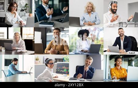 Vielfältige Gruppe von Fachleuten, die sich mit Fernarbeit beschäftigen Stockfoto