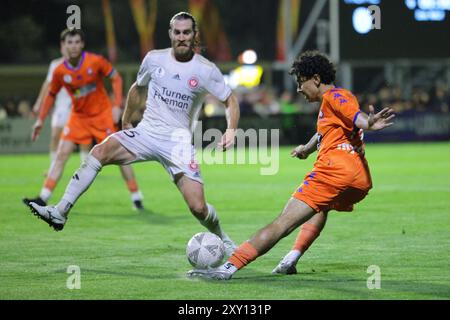 Richlands, Australien. August 2024. Richlands, 27. August 2024: Paranav Vallabah (19 Lions FC) hat einen Torschuss während des Spiels zwischen Lions FC und Western Sydney Wanderers im Achtelfinale des Australia Cup im Luxury Paints Stadium Matthew Starling (Promediapix/SPP) Credit: SPP Sport Press Photo. /Alamy Live News Stockfoto