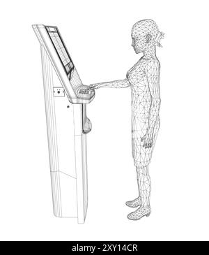 Wireframe-Frau zieht Geld von einem Geldautomaten ab. Junge Frau benutzt das Terminal. Eine junge Frau, die am Geldautomaten steht. Vektorabbildung in abgewickelter Form. 3D Stock Vektor