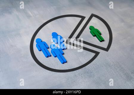 Draufsicht mit farbigen Abbildungen und Tortendiagramm. Segmentierungskonzept. Stockfoto