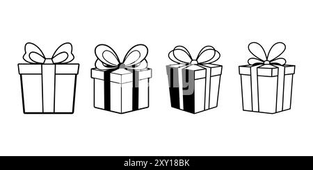Neujahrsgeschenk-Set, Umriss, schwarze Silhouette. Isolierter weißer Hintergrund. Einfach Stock Vektor