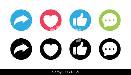 Schaltflächen „gefällt mir“, „Teilen“, „Kommentar“ und „Liebe Herz“. Schaltfläche „gefällt mir“, „Daumen hoch“, „Liebe und Herz“, „Kommentar“, „erneut posten“ und „Teilen“. Stock Vektor