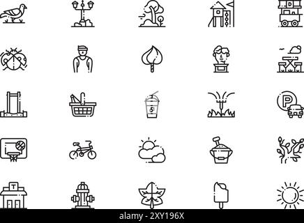 Die Kollektion City Park Icons ist eine Vektorillustration mit bearbeitbarem Strich. Stock Vektor
