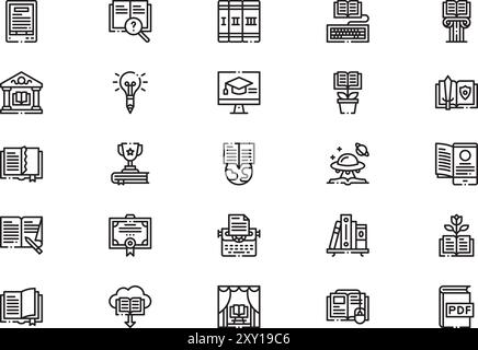 Die Sammlung von Symbolen für die Alphabetisierung ist eine Vektorillustration mit bearbeitbarem Kontur. Stock Vektor