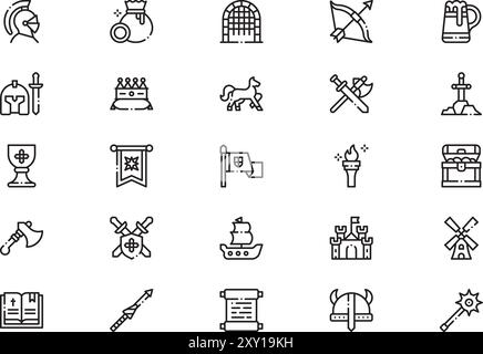 Die Sammlung Medieval Times Icons ist eine Vektorillustration mit bearbeitbarem Strich. Stock Vektor