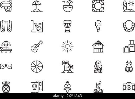 Die Sammlung Hawaii Icons ist eine Vektorillustration mit bearbeitbarem Kontur. Stock Vektor