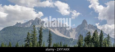 Landschaft mit Latemar-Gebirgszug über Baumspitzen, von Westen im hellen Sommerlicht in der Nähe von Nova Levante, Italien Stockfoto