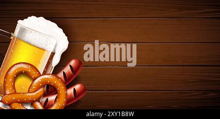 Oktoberfest Bier Festival Banner Illustration mit frischem Lager Bier, Brezel und Wurst auf Vintage Holz Hintergrund. Flyer Zur Vektorfeier Stock Vektor