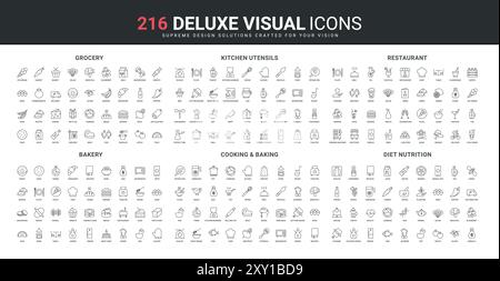 Bäckerei, Lebensmittel und Diät, Küchenutensilien im Restaurant, Icon Set für Ernährungslinien. Küchenutensilien, Rezept zum Kochen und Backen, Online-Lieferservice dünne schwarze Umrisssymbole Vektor-Illustration Stock Vektor