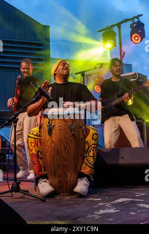 Pat Kalla und das Super Mojo im Konzert für das Einladungsfestival im Keller Vignerons du Pays von Enserune. Cazouls-Les-Beziers, Occitanie, Frankreich Stockfoto
