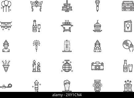 Party- und Feier-Icons-Kollektion ist eine Vektor-Illustration mit bearbeitbarem Strich. Stock Vektor