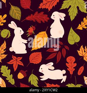 Ein Muster mit Kaninchen und Herbstblättern Stock Vektor