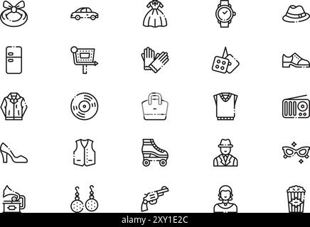 Die Sammlung der Symbole der 50er Jahre ist eine Vektorillustration mit bearbeitbarer Kontur. Stock Vektor