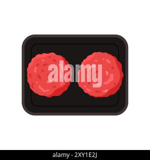 Kunststoffschale mit rohen Fleischbällchen aus Hackfleisch, Ansicht von oben auf schwarze rechteckige Behälter Vektor-Illustration Stock Vektor