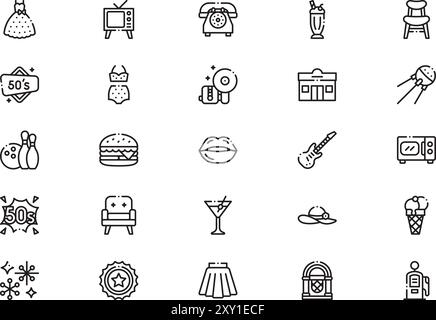 Die Sammlung der Symbole der 50er Jahre ist eine Vektorillustration mit bearbeitbarer Kontur. Stock Vektor