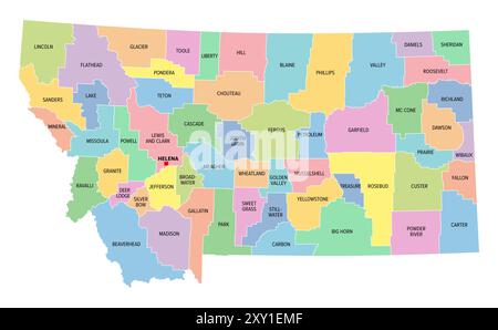 Montana, US-Bundesstaat, mehrfarbige politische Karte mit Grenzen, Kreisnamen und Hauptstadt Helena. Bundesstaat in der Region Mountain West der Vereinigten Staaten Stockfoto