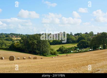 Schlacht, East Sussex, Großbritannien, im Spätsommer, mit Kirche und Abtei, von der umliegenden Landschaft aus gesehen Stockfoto