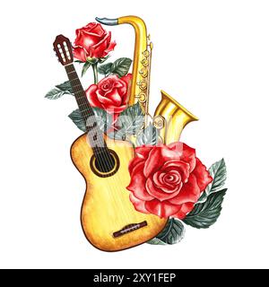 Musik. Gitarre und Saxophon mit roten Rosen dekoriert. Die Aquarellabbildung wird von Hand erstellt. Markieren Sie sie. Für Poster, Flyer und Einladung ca. Stockfoto