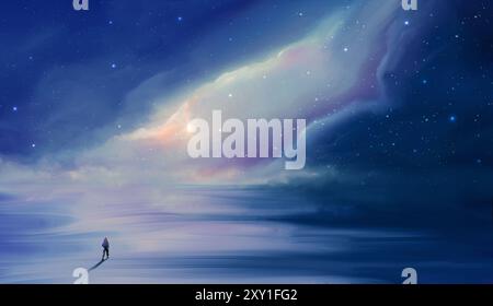 Leerlaufhintergrund. Astronaut, der auf der Landoberfläche mit bunten Nebeln spaziert. Digitales Malen, 3D-Rendering Stockfoto