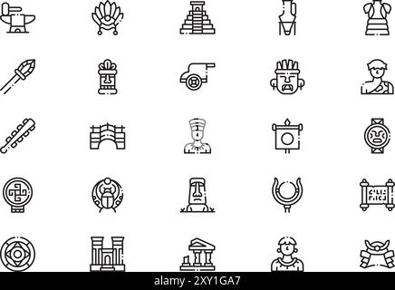 Die Icons-Sammlung der antiken Zivilisation ist eine Vektorillustration mit bearbeitbarem Strich. Stock Vektor