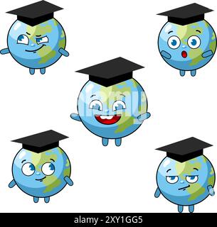 Planet mit Bildungs-Cap-Cartoon-Illustration. Kugel mit Graduierung Kappe Vektor-Illustration. Stock Vektor