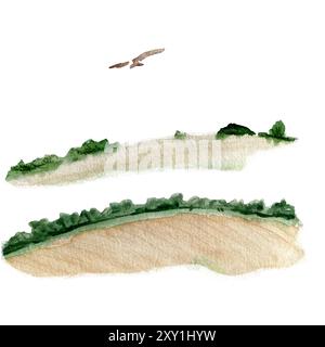 Landschaftselemente, Weizenfelder mit Buschrändern, Drachenaquarell isoliert auf weiß. Handgemalte Natur-, Landschaft-, Reise-Design-Elemente Stockfoto