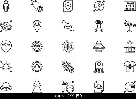 UFO und Aliens Icons Collection ist eine Vektorillustration mit bearbeitbarer Kontur. Stock Vektor