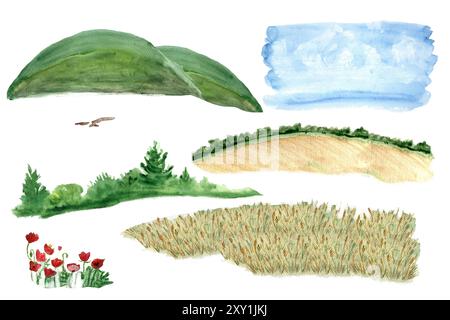 Weizenfelder mit Buschrändern, Drachen, Hügeln, Himmel und Mohnblumen Aquarell isoliert auf weiß. Handgemalte Natur, Landschaftsgestaltungselemente Stockfoto