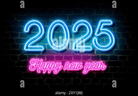 Nachtbild der Nummer 2025 in rotem Neon und der Text Happy New Year in gelbem Neon auf einer Ziegelmauer. Neujahrskonzept. Stockfoto