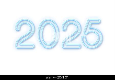 Bild der Nummer 2025 in blauem Neontext auf weißem Hintergrund. Vorlage und Neujahrskonzept. Stockfoto